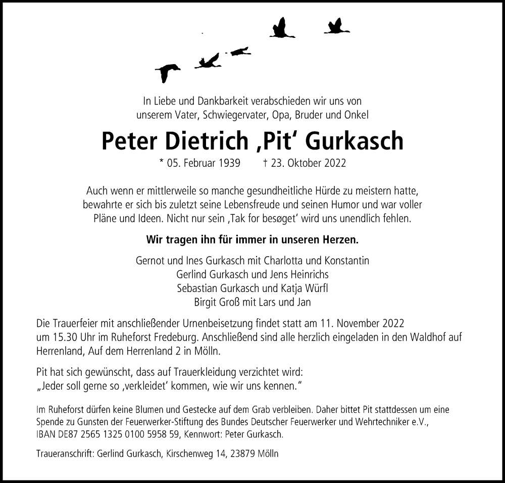  Traueranzeige für Peter Dietrich Gurkasch vom 02.11.2022 aus Lübecker Nachrichten