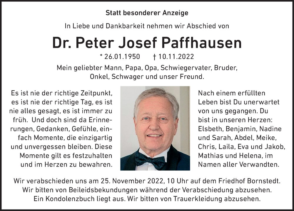  Traueranzeige für Peter Josef Paffhausen vom 19.11.2022 aus Märkischen Allgemeine Zeitung