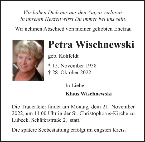 Traueranzeige von Petra Wischnewski von Lübecker Nachrichten