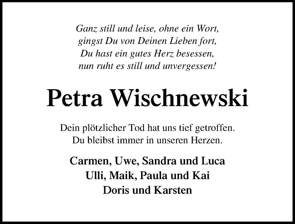  Traueranzeige für Petra Wischnewski vom 13.11.2022 aus Lübecker Nachrichten
