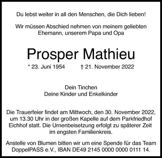 Traueranzeige von Prosper Mathieu von Kieler Nachrichten