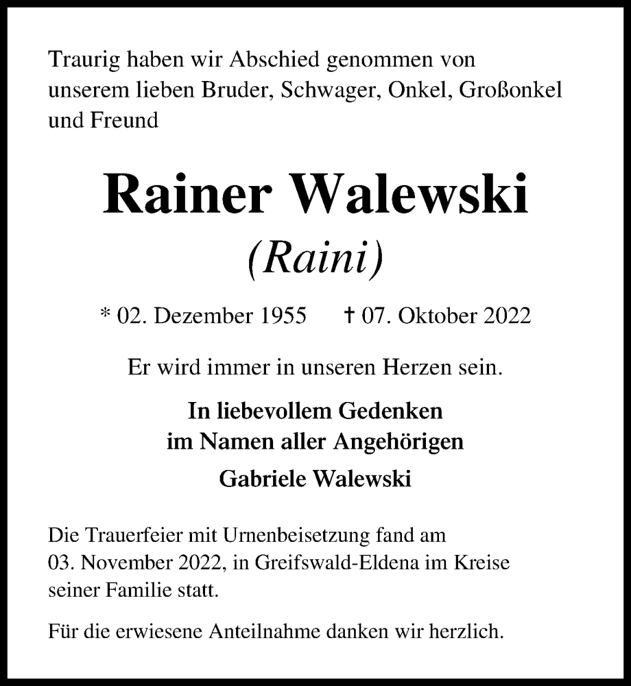  Traueranzeige für Rainer Walewski vom 12.11.2022 aus Ostsee-Zeitung GmbH