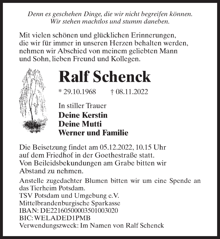  Traueranzeige für Ralf Schenck vom 26.11.2022 aus Märkischen Allgemeine Zeitung