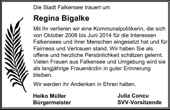 Traueranzeige von Regina Bigalke von Märkischen Allgemeine Zeitung