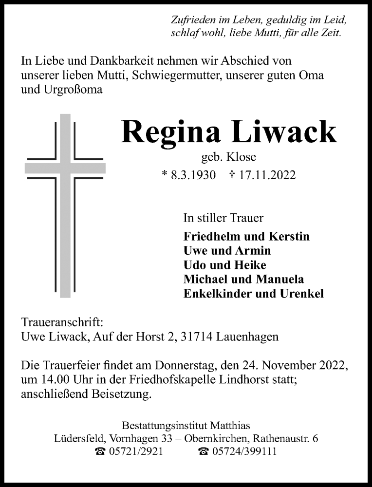  Traueranzeige für Regina Liwack vom 19.11.2022 aus Schaumburger Nachrichten