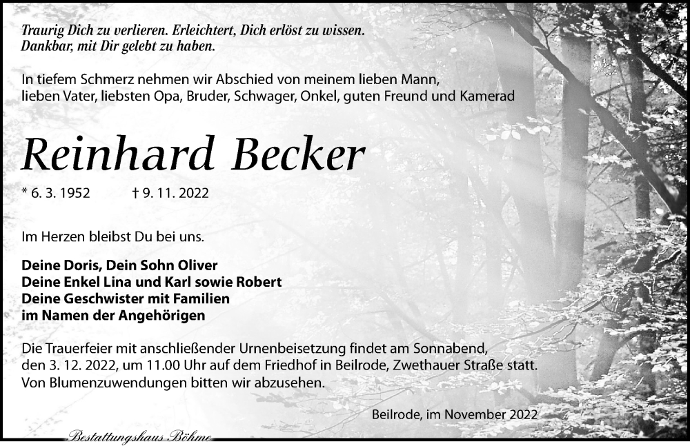  Traueranzeige für Reinhard Becker vom 19.11.2022 aus Torgauer Zeitung