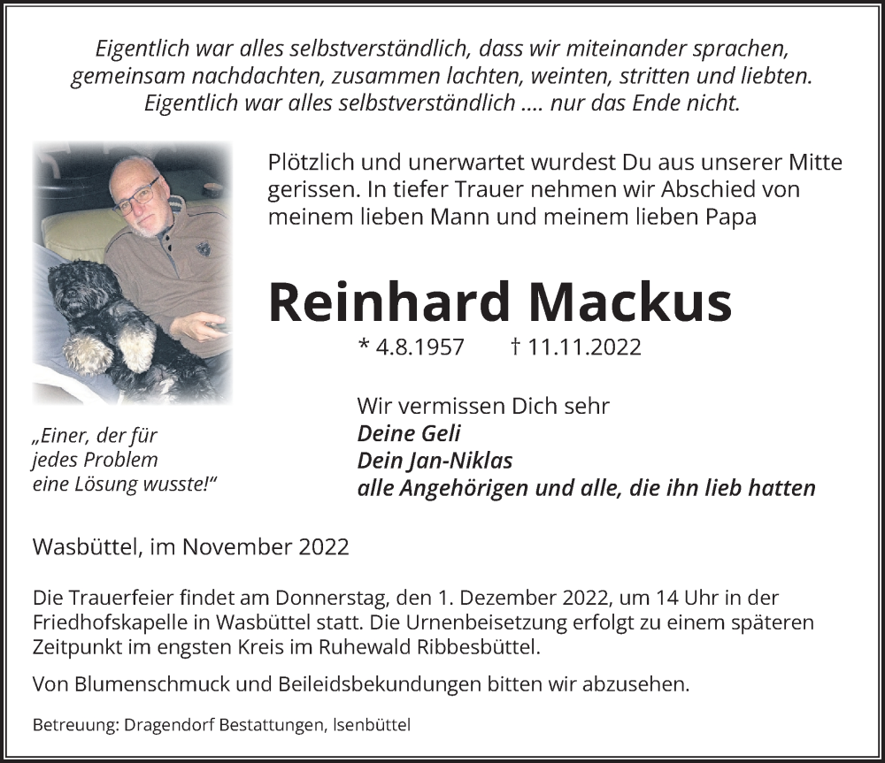  Traueranzeige für Reinhard Mackus vom 19.11.2022 aus Aller Zeitung