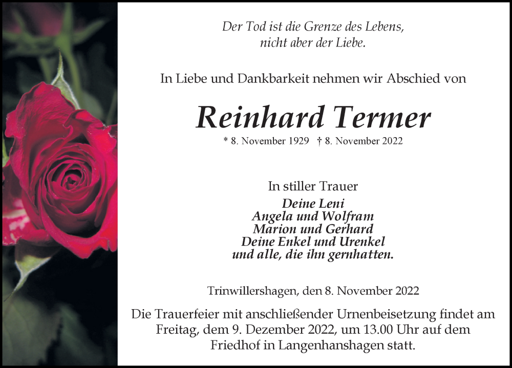  Traueranzeige für Reinhard Termer vom 26.11.2022 aus Ostsee-Zeitung GmbH