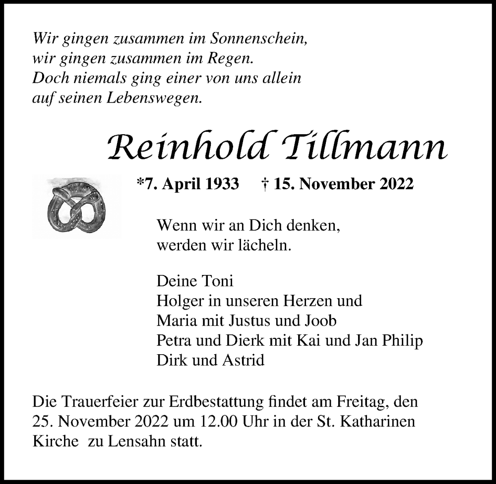  Traueranzeige für Reinhold Tillmann vom 18.11.2022 aus Lübecker Nachrichten