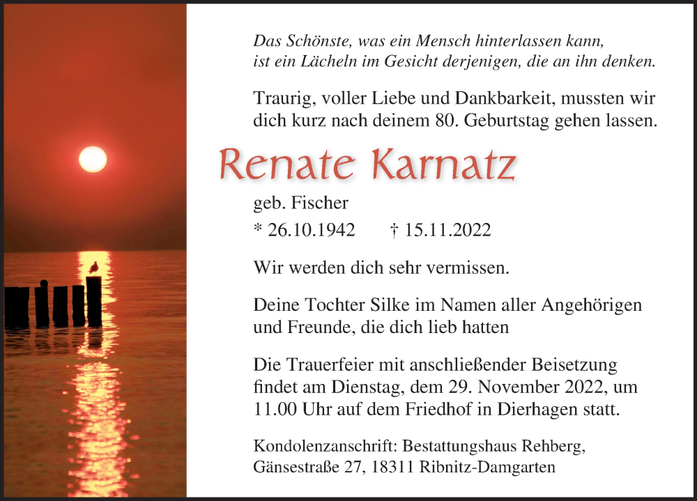  Traueranzeige für Renate Karnatz vom 19.11.2022 aus Ostsee-Zeitung GmbH