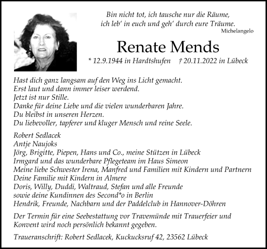 Traueranzeige von Renate Mends von Lübecker Nachrichten