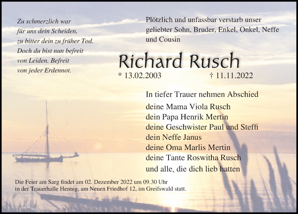  Traueranzeige für Richard  Rusch vom 30.11.2022 aus Ostsee-Zeitung GmbH
