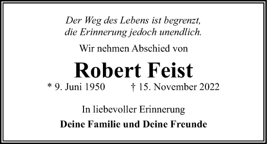 Traueranzeige von Robert Feist von Kieler Nachrichten