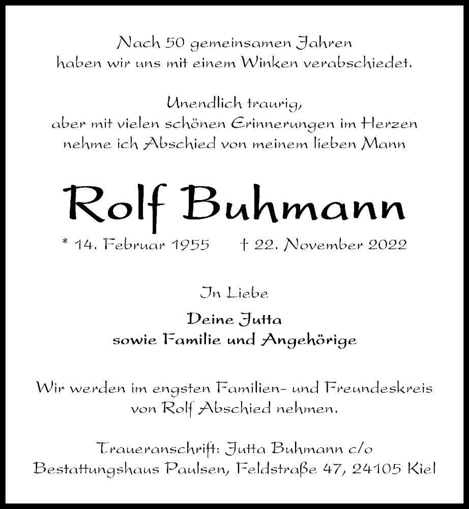  Traueranzeige für Rolf Buhmann vom 26.11.2022 aus Kieler Nachrichten