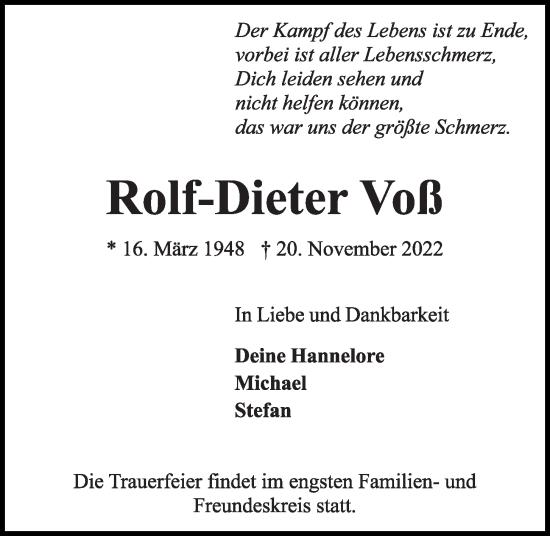 Traueranzeige von Rolf-Dieter Voß von Kieler Nachrichten