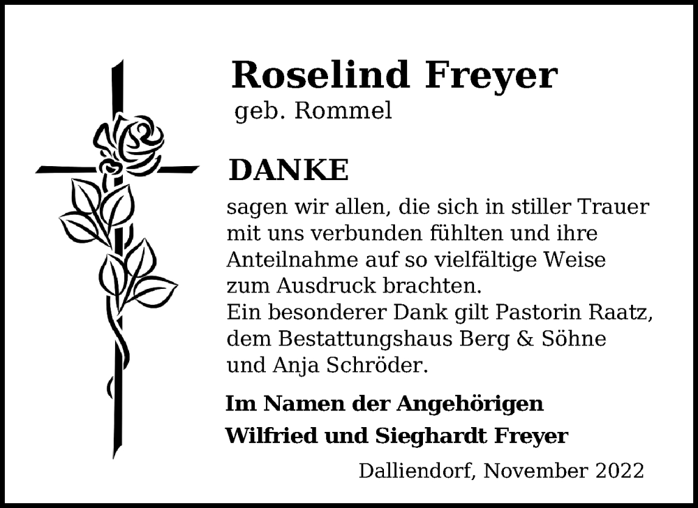  Traueranzeige für Roselind Freyer vom 12.11.2022 aus Ostsee-Zeitung GmbH