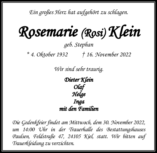 Traueranzeige von Rosemarie Klein von Kieler Nachrichten