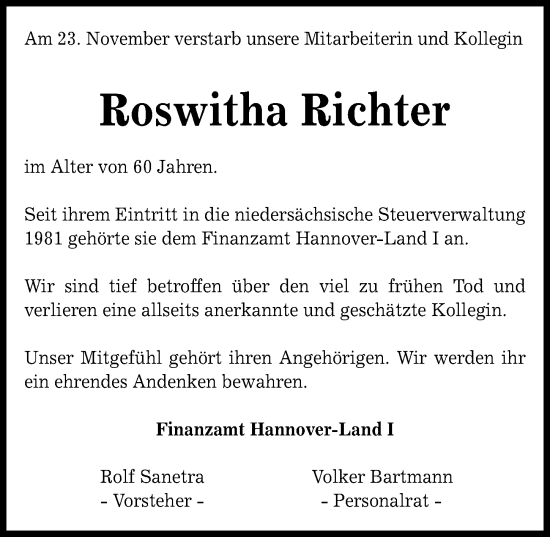 Traueranzeige von Roswitha Richter von Hannoversche Allgemeine Zeitung/Neue Presse