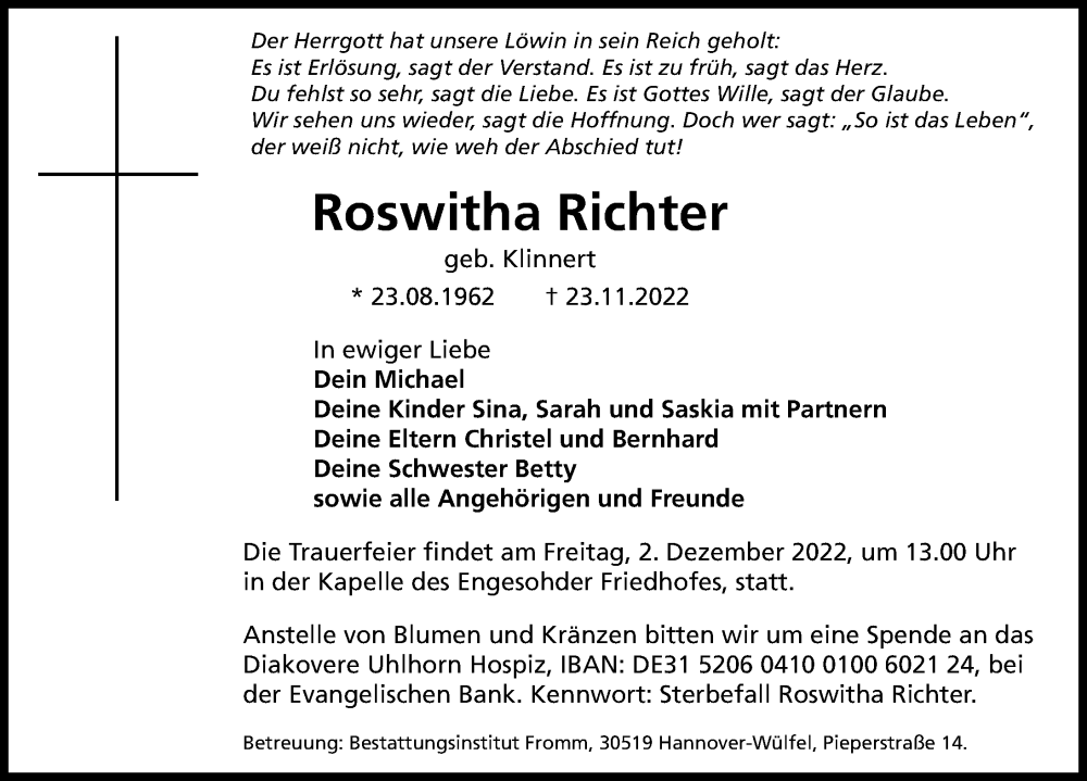  Traueranzeige für Roswitha Richter vom 26.11.2022 aus Hannoversche Allgemeine Zeitung/Neue Presse