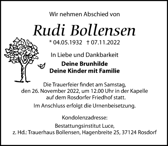 Traueranzeige von Rudi Bollensen von Göttinger Tageblatt