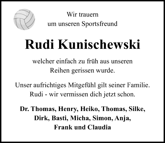 Traueranzeige von Rudi Kunischewski von Ostsee-Zeitung GmbH