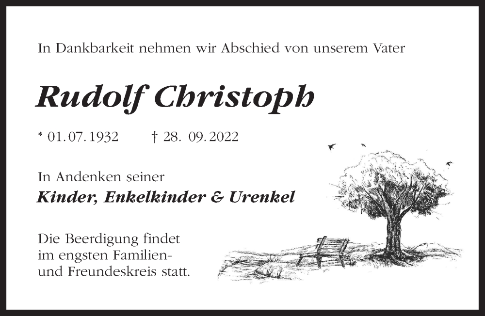  Traueranzeige für Rudolf Christoph vom 12.11.2022 aus Märkischen Allgemeine Zeitung