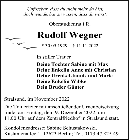 Traueranzeige von Rudolf Wegner von Ostsee-Zeitung GmbH