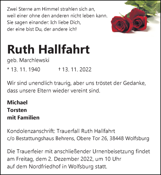 Traueranzeige von Ruth Hallfahrt von Aller Zeitung