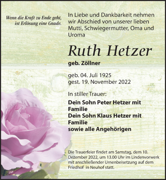 Traueranzeige von Ruth Hetzer von Leipziger Volkszeitung