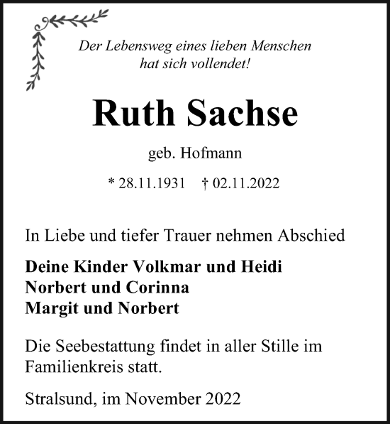 Traueranzeige von Ruth Sachse von Ostsee-Zeitung GmbH