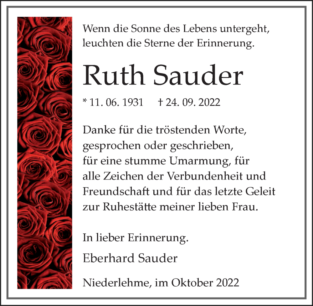  Traueranzeige für Ruth Sauder vom 05.11.2022 aus Märkischen Allgemeine Zeitung