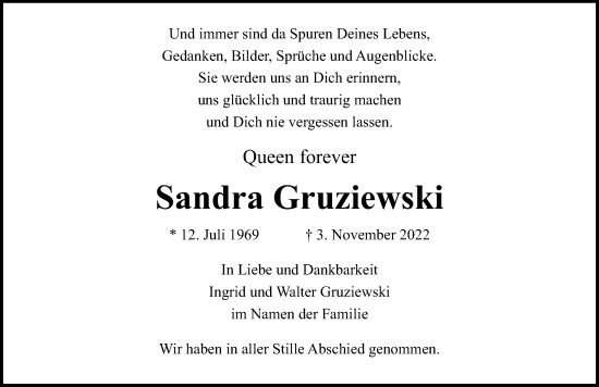 Traueranzeige von Sandra Gruziewski von Lübecker Nachrichten