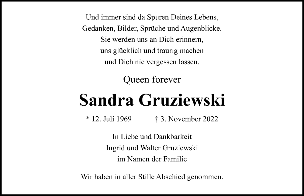  Traueranzeige für Sandra Gruziewski vom 27.11.2022 aus Lübecker Nachrichten