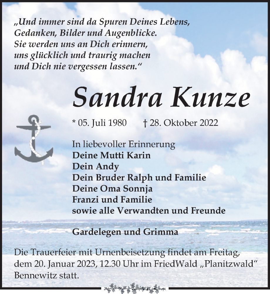  Traueranzeige für Sandra Kunze vom 12.11.2022 aus Leipziger Volkszeitung