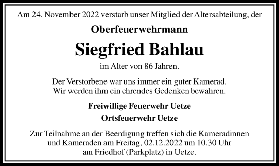 Traueranzeige von Siegfried Bahlau von Hannoversche Allgemeine Zeitung/Neue Presse