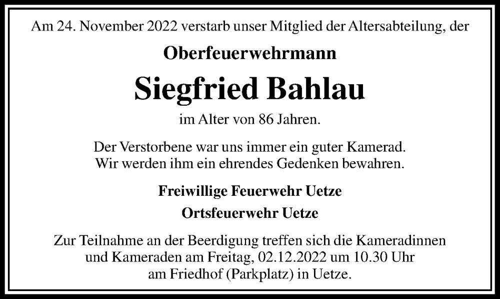  Traueranzeige für Siegfried Bahlau vom 26.11.2022 aus Hannoversche Allgemeine Zeitung/Neue Presse