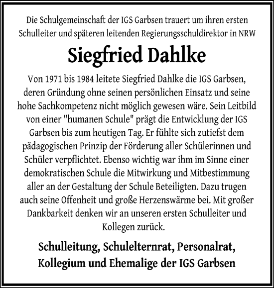 Traueranzeige von Siegfried Dahlke von Hannoversche Allgemeine Zeitung/Neue Presse