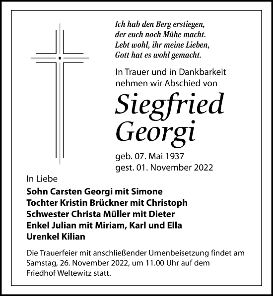 Traueranzeige von Siegfried Georgi von Leipziger Volkszeitung