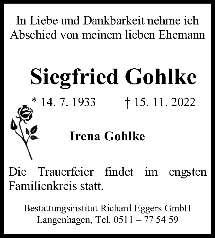  Traueranzeige für Siegfried Gohlke vom 19.11.2022 aus Hannoversche Allgemeine Zeitung/Neue Presse