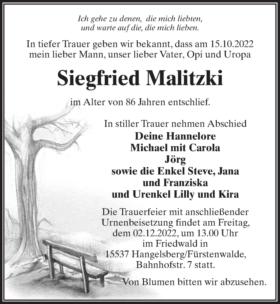  Traueranzeige für Siegfried Malitzki vom 05.11.2022 aus Märkischen Allgemeine Zeitung