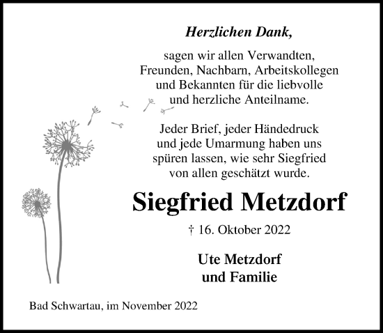 Traueranzeige von Siegfried Metzdorf von Lübecker Nachrichten