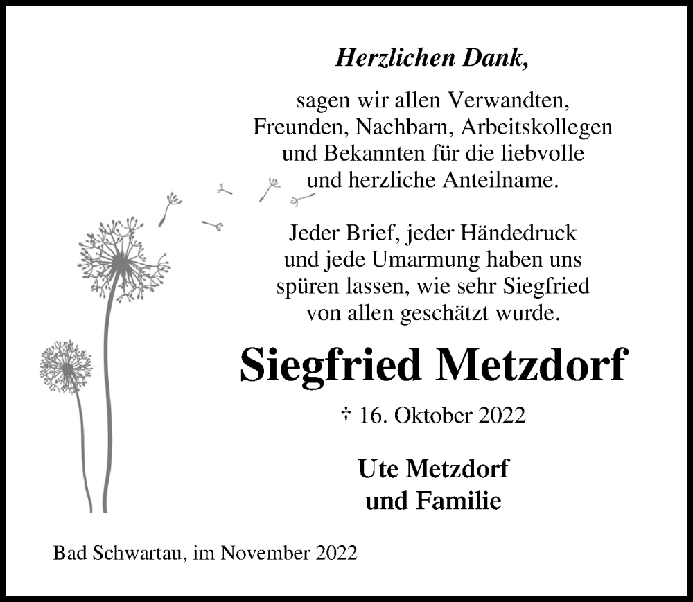  Traueranzeige für Siegfried Metzdorf vom 13.11.2022 aus Lübecker Nachrichten