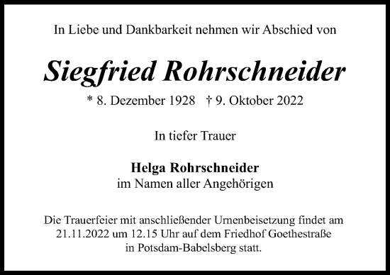 Traueranzeige von Siegfried Rohrschneider von Märkischen Allgemeine Zeitung