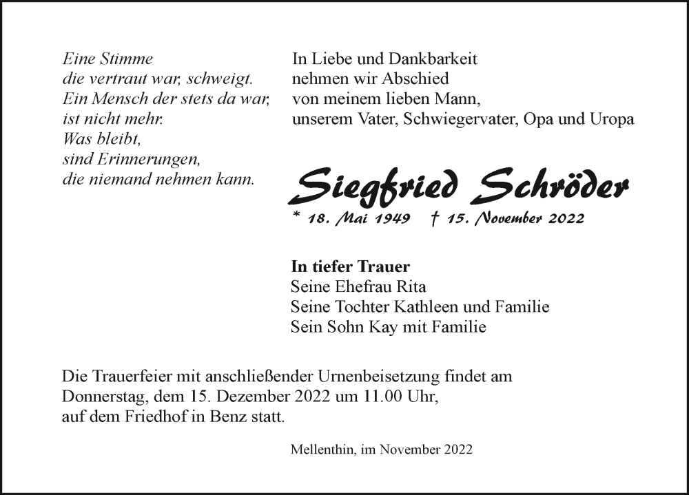  Traueranzeige für Siegfried Schröder vom 19.11.2022 aus Ostsee-Zeitung GmbH