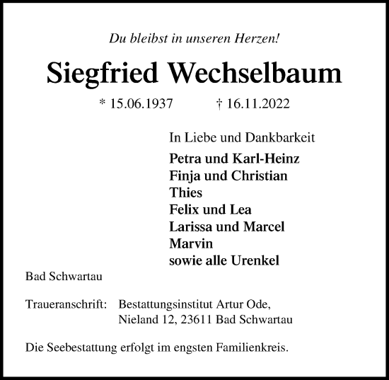 Traueranzeige von Siegfried Wechselbaum von Lübecker Nachrichten