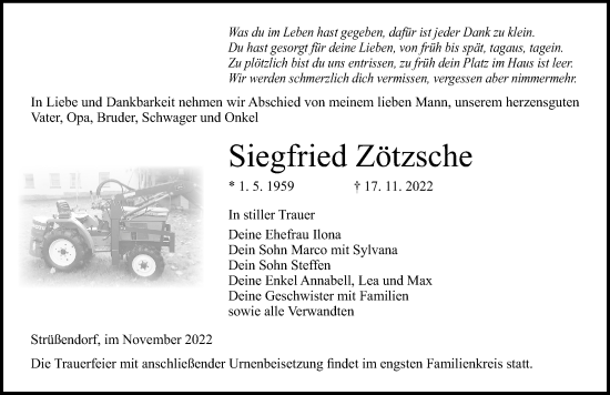 Traueranzeige von Siegfried Zötzsche von Ostsee-Zeitung GmbH