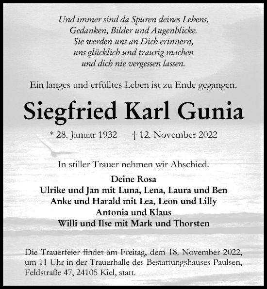 Traueranzeigen Von Siegfried Karl Gunia | Trauer-anzeigen.de