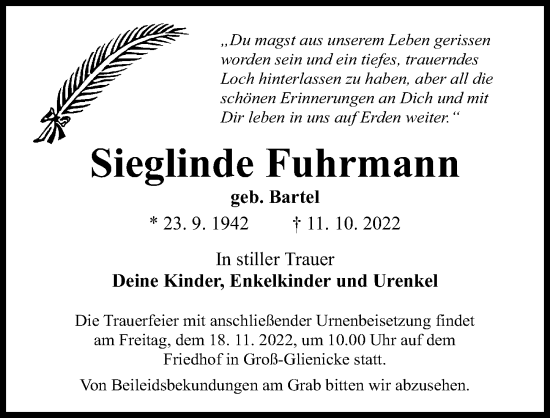 Traueranzeige von Sieglinde Fuhrmann von Märkischen Allgemeine Zeitung