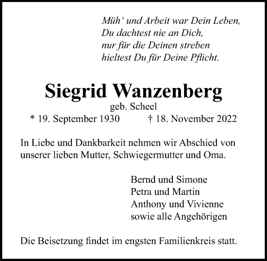 Traueranzeige von Siegrid Wanzenberg von Lübecker Nachrichten