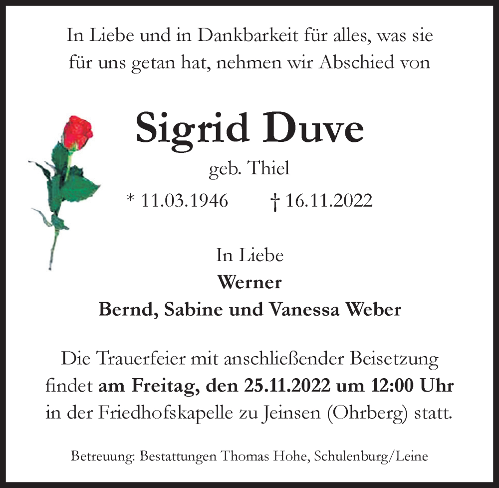  Traueranzeige für Sigrid Duve vom 19.11.2022 aus Hannoversche Allgemeine Zeitung/Neue Presse